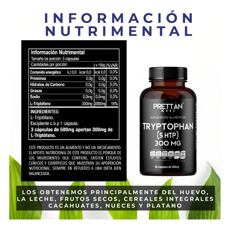 L Triptofano Prettan 5-htp Suplemento 500mg 90 Cápsulas - Sin