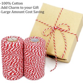 Christmas Twine String 2 Rolls 200m Bakers Twine Cotton Twine String Natural Red White Butchers Twine String Cord for Gift Wrapping, Baking, Arts Crafts, Gardening,DIY,Home Decor