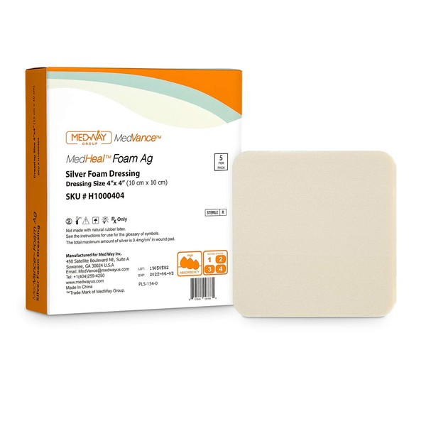 Silver Foam Ag Sterile Highly Absorbent Antibacterial Dressing w/o PU Backing, 4"x 4", 5 dressings/Box, MedHeal by MedvanceTM