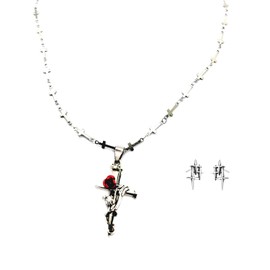 Lingros Thorn and Rose Cross Necklace Set with Irregular Thorn Ear Studs | Silver-Tone Jewelry Set for Women Cross Pendant Necklace Earring Set