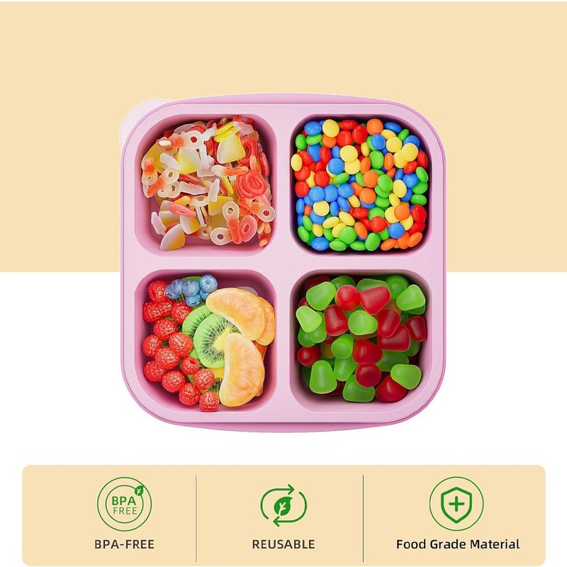 6 Pack Bento Snack Containers Set，Reusable 4 Compartment Divided Food