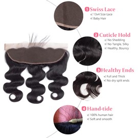 13x4 Lace Frontal Closure Body Wave Human Hair Ear to Ear HD Lace Frontal Closure Free Part Brazilian Body Wave Hair Extensions 150% Density Human Hair Pre Plucked with Baby Hair 14 Inch