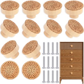 Pack of 12 Rattan Furniture Knobs, Cabinet Knobs, Boho Decorative Cabinets, Furniture Knobs, Wooden Chest of Drawers Knobs, Vintage Drawer Cupboard, Wooden Handles for Kitchen Cupboards, Door Knobs,