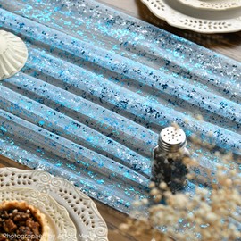 Artoid Mode Light Blue Gold Gauze Table Runner 70x300 cm, Glitter Metallic Foil Sheer Chiffon Cheesecloth Dining Holiday Table Decor for Home Party