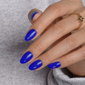 KQueenest Royal Blue Press on Nails Short Oval, Short False Nails with Glue, Opaque Solid Bright Vibrant Blue Fake Nails Press ons, Reusable Soft Gel Stick on Nail for Women, 24 Pcs