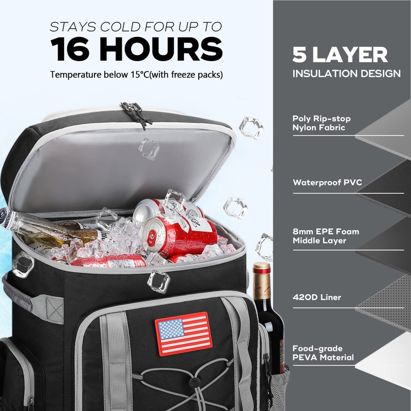 Maelstrom 36L Large Capacity Insulated Cooler Backpack, Black, 21" x