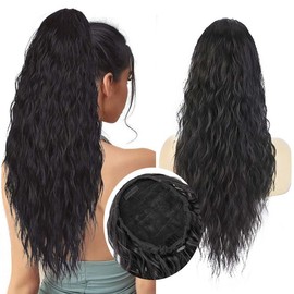 AISI HAIR Ponytail Extension Drawstring Ponytail Hair Extensions for Women 26 Inch Long Wavy Synthetic Hairpiece for Women Daily Party Use Curly Wavy - Color: Claw Clip 26inch Black