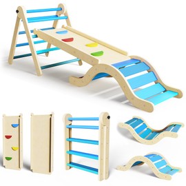 Pikler Triangle Set 7in1 Toddler Toy Indoor Foldable Montessori Climbing Set with Arch, Ramp, Ladder for 1-3 Years, Jungle Gym for Kids (Sky Blue)