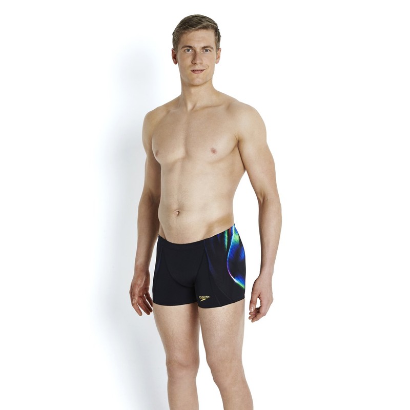 Speedo Men's X Placement Digital V Aquashorts-Black/Fluo Green/Deep Peri, Size