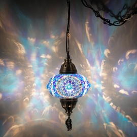 DEMMEX Plug in Pendant Light, Turkish Moroccan Mosaic Ceiling Hanging Pendant Light Fixture Lamp, 6.5" Shade, 15ft Thick Leaf Type Metal Chains, Cord & Plug (Blue)