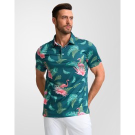 Obla Mens Golf Polo Shirts Short Sleeve Dry Fit Performance Moisture Wicking Casual Print Collared Golf Shirts for Men(Green Flamingo_L)