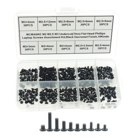 MCMASKE 10 Kinds M2 M2.5 M3 Undercut Flat Head Phillips Laptop Screws Assortment Kit,Black Dacromet Finish (300)