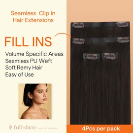 Full Shine Brown Seamless Clip in Hair Extensions Human Hair, Dark Brown Thinning Hair Extensions for Women, Fill ins Invisible PU Skin Weft Clip ins for Thin Hair Add Volume, 4Pcs12inch 55Grams