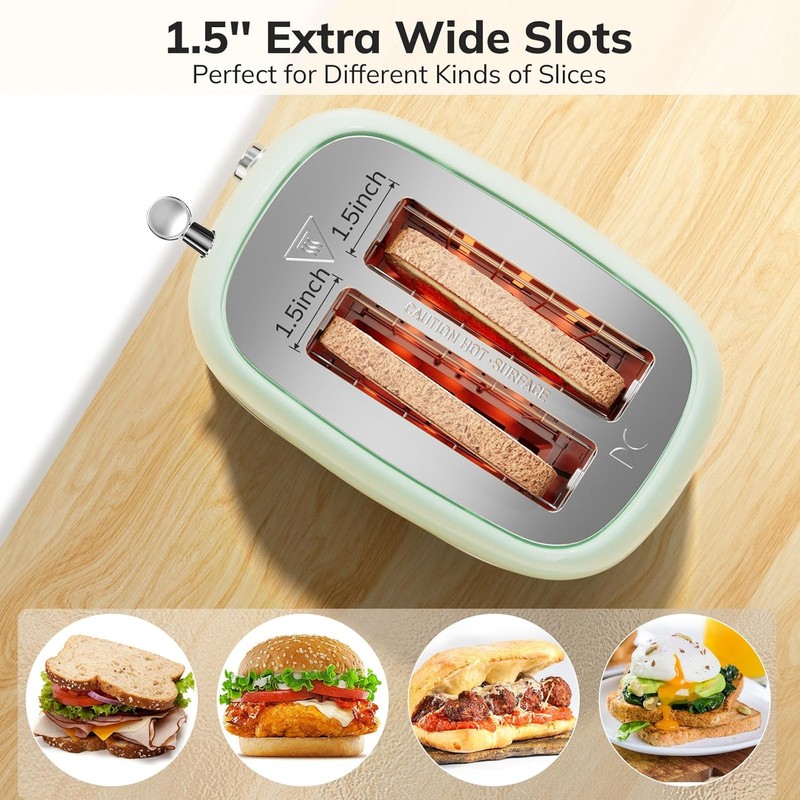 2 Slice Stainless Steel Toaster Retro with 6 Bread Shade
