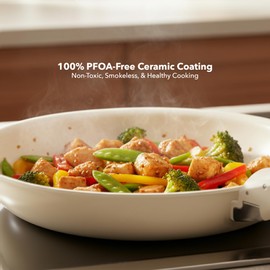 OVENTE 5Pcs Ceramic Pots and Pans Set Non Stick, Induction Cookware with Lid, Detachable Handle, Non-toxic Kitchen Sauce Pots for Home or RV, PFOA Free, Stackable and Dishwasher Safe, Cream CWAD01005C