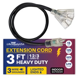 LifeSupplyUSA - Cable de extensión eléctrico impermeable para exteriores de 3 pies, 3 clavijas, 3 salidas, SJTW, calibre 12, 15 AMP, 125 voltios, 1875 vatios, 12/3 de LifeSupplyUSA, color negro