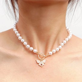 TseenYi Vintage Pearl Necklace Choker Boho Pearl Butterfly Ot Necklace Gold Pearl Strand Necklace Butterfly Pearl Toggle Necklace Chain Jewellery for Women and Girls, Pearl