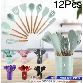 Unbranded 12Pcs Kitchen Silicone Utensils Set-Non Stick Cooking Utensils Wooden handle US - Purple