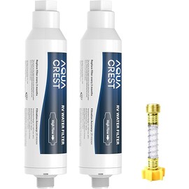 AQUA CREST RV Inline Hose Water Filter, Garden and Camper, NSF Certified, Greatly Reduces Chlorine, Bad Taste, Odor, 2 Pack with Hose Protector (Package May Vary)
