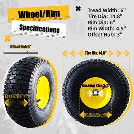 MZREXN 15x6.00-6 Lawn Mower Tires and Wheel Assembly, Front Tires Replacement, Compatible with John Deere & More Riding Mowers, 4 Ply Pneumatic, 3" Offset Hub, 3/4" Bearings, Tubeless, 2PCS