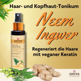 SATTVA Haartonikum mit veganem Keratin - Reparatur und Volumen - Natürliches Kopfhaut Tonikum für Trockene und Juckende Kopfhaut| Haarwasser mit Neem und Ingwer - Alkoholfrei - Dermatologisch getestet