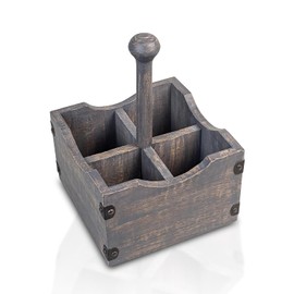 GoCraft Square Wooden Cutlery Basket with 4 Divided Compartments, Cutlery Holder for Kitchen, Grey Washed Mango Wood Storage Organizer with Removable Wooden Handle Bar