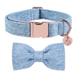 DOGWONG Hemp Cotton Dog Collar with Bow, Blue Pet Collar Durable Adjustable Puppy Collar for Medium Dogs