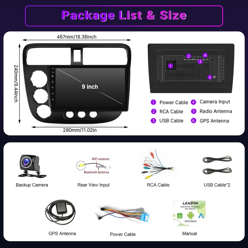 Leadfan Car Stereo Radio for Honda Civic 2001 2002 2003
