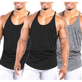 Agilelin Men's Workout Stringer Tank Tops Athletic Quick Dry Y-Back Tops Bodybuilding Muscle Shirts for Gym（1 Or 3 Pack）（Black/Black/Grey/L）