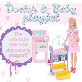 Toyland® Doctor & Baby Playset - 1 Doll, 1 Baby, 1 Bath Station, 1 Changing Table and 15 Accessories Included - Girls Toy