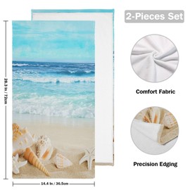 XALOGEER Beach Hand Towels for Bathroom Set of 2, Summer Nautical Coastal Waves Seashell Kitchen Towels Soft Absorbent Decorative Fingertip Towels Tea Bar Face Towels for Gym Spa Chic Decor 14x28