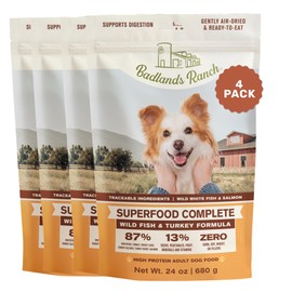 BADLANDS RANCH by Katherine Heigl- Superfood Complete, Air-Dried Adult Dog Food - High Protein, Zero Fillers, Superfood Nutrition (24 Ounce (Pack of 4), Fish & Turkey)