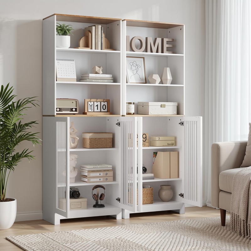 Smart FENDEE 66" Tall White Bookcase with Storage Cabinet, Wooden