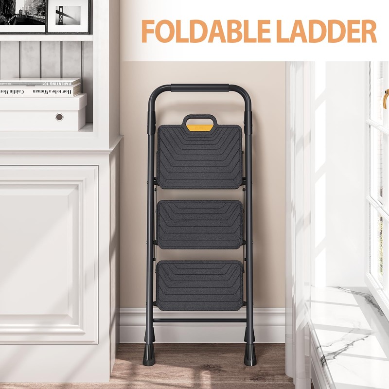 TOOLF 3 Step Ladder, Sturdy Steel Step Stool with Anti-Slip