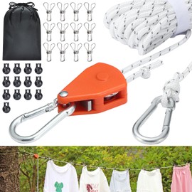 Retractable Travel Clothesline, 19FT Adjustable Heavy-Duty Line with Reflective Pulley System, Stainless Hooks & Clips – Portable for Camping, Cruise, Hotel, Balcony & Outdoor Laundry (Red)