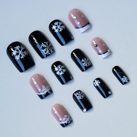 24Pcs Snowflake Press on Nails French Tip Fake Nails Short Square Full Cover Nude False Nails with Nail Tips Design,Winter Xmas Stick on Nails Holiday Acrylic Artificial Nails for Women and Girls