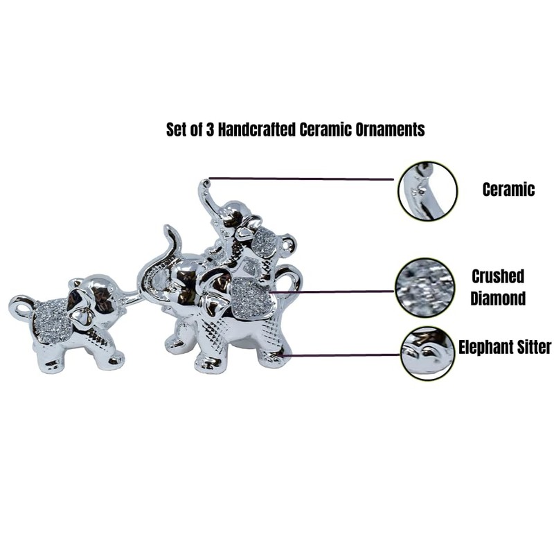 Handcrafted Ceramic Crushed Diamond Elephant Figurines, Set of 3, Mother