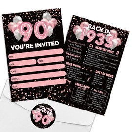 REWIDPARTY Rose Gold 90th Birthday Invitation Cards with Envelopes & Stickers（Set of 15） Back in 1935 Fill in Invitations 90th Anniversary Decor Gifts 90 Years Old Birthday Party Supplies for Adults