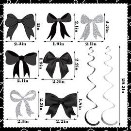 JarThenaAMCS 21Pcs Bow Party Hanging Swirl Decoration Black Silver Bow Glitter Bowknot Birthday Hanging Streamer Cutout Cardboard Ceiling Spiral for Bachelorette Ornament