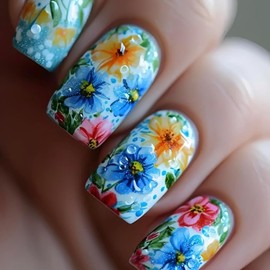 Blue Press on Nails Medium Length Square Fake Nails Colorful Flower Stick on Nails Spring Glue on Nails Glossy Acrylic False Nails Full Cover Artificial Nails Reusable Nails Kit for Women Girls 24Pcs