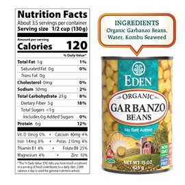Eden Organic Garbanzo Beans, Chickpeas, 15 oz Can (12-Pack Case), No Salt Added, Non-GMO, Gluten Free, Vegan, Kosher, U.S. Grown, Heat and Serve, Macrobiotic