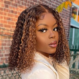 ARILAY Short Curly Bob 13x6 Lace Front Wigs Human Hair Highlight Color P2/30 Brown and Blonde Water Curly Glueless Wig 180% Large Density Wig Deep Parting Pre Plucked With Baby Hair 12 Inch