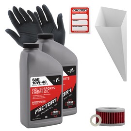 Factory Racing Parts Oil Change Kit compatible with Suzuki DR250S, TU250X, DR350 – Includes 2 Quarts of 10W-40 Full Synthetic Oil, 1 Filter, 1 Crush Washer, 1 Funnel, 1 Oil Change Reminder Sticker