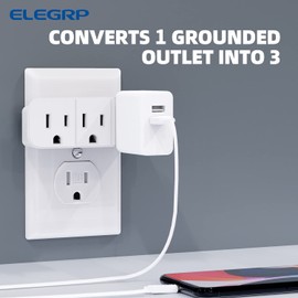 ELEGRP Triple Outlet Extender, 3-Prong Grounded Wall Tab, Multiple Outlet Extender Adapter Plug with 3 Electrical Outlets for Travel Home Hotel Office, ETL Listed, 1 Pack, White