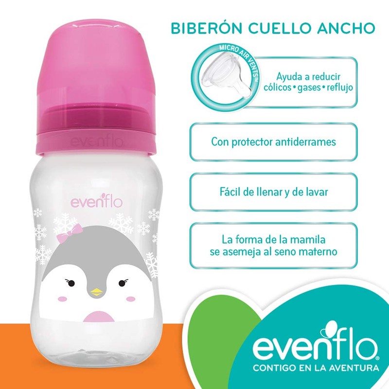 Evenflo, Biberón Forest Anticólicos Cuello Ancho, Niña, Color Rosa, Flujo