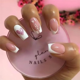 Short Press on Nails Square Fake Nails White French Tip Acrylic False Nails with Pink Glitter Heart Designs Glue on Nails Glossy Full Cover Nails Pess ons Stick on Nails for Women 24Pcs