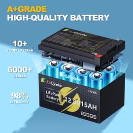 E LiCycle 12/12.8V 15Ah LiFePO4 Lithium Battery 4000+ Deep Cycles Rechargeable Battery for UPS, Solar Panel, Power Wheels, Kayak Fish Finder, Scooter, RV, Marine - Safe & Lightweight Design