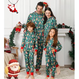 ANGELGGH Matching Family Christmas Onesie Pajamas, Cute Vacation Print One Piece PJs, Hooded Holiday Loungewear with Pockets (Youth, 6-8T, Green Elf(with Pockets))