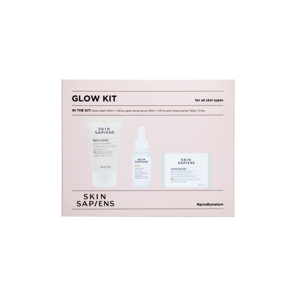 SKIN SAPIENS Glow kit for all skin types, Ecocert Cosmos Natural, Cruelty Free and Vegan Skincare, Soap-Free Cleansing Bar, Nourish & Hydrate Cream, Glow Facial Serum.