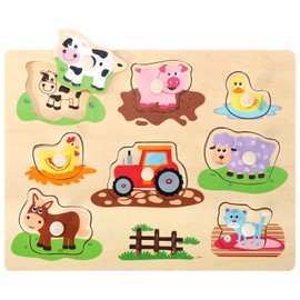 SOKA Wooden Farm Animals Peg Puzzles Toy Educational Montessori Developmental Jigsaw Puzzle Board Colourful Images for Learning Animals for Toddlers Kids Children 12 Months +
